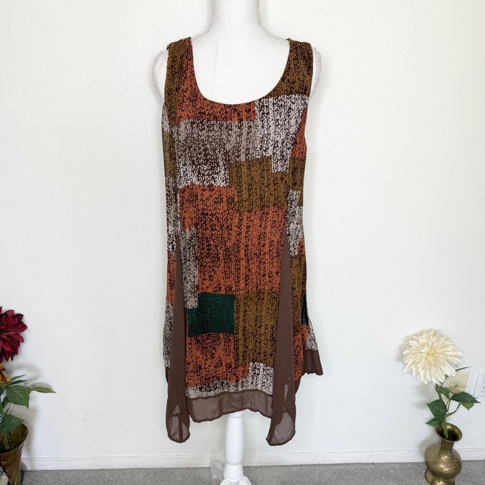 ENTRO Anthropologie Womens L Brown Patchwork Look Sleeveless Dress Boho Hippie
